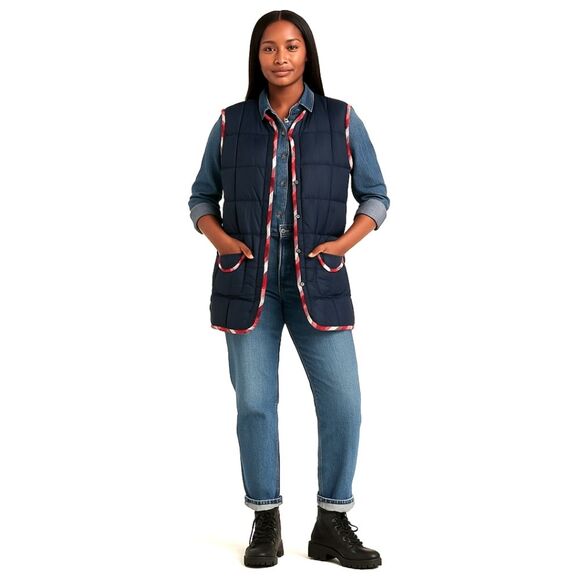 EDDIE BAUER Vintage Women's Goose Down Navy Blue Vest, Red White & Blue Trim - Picture 1 of 11